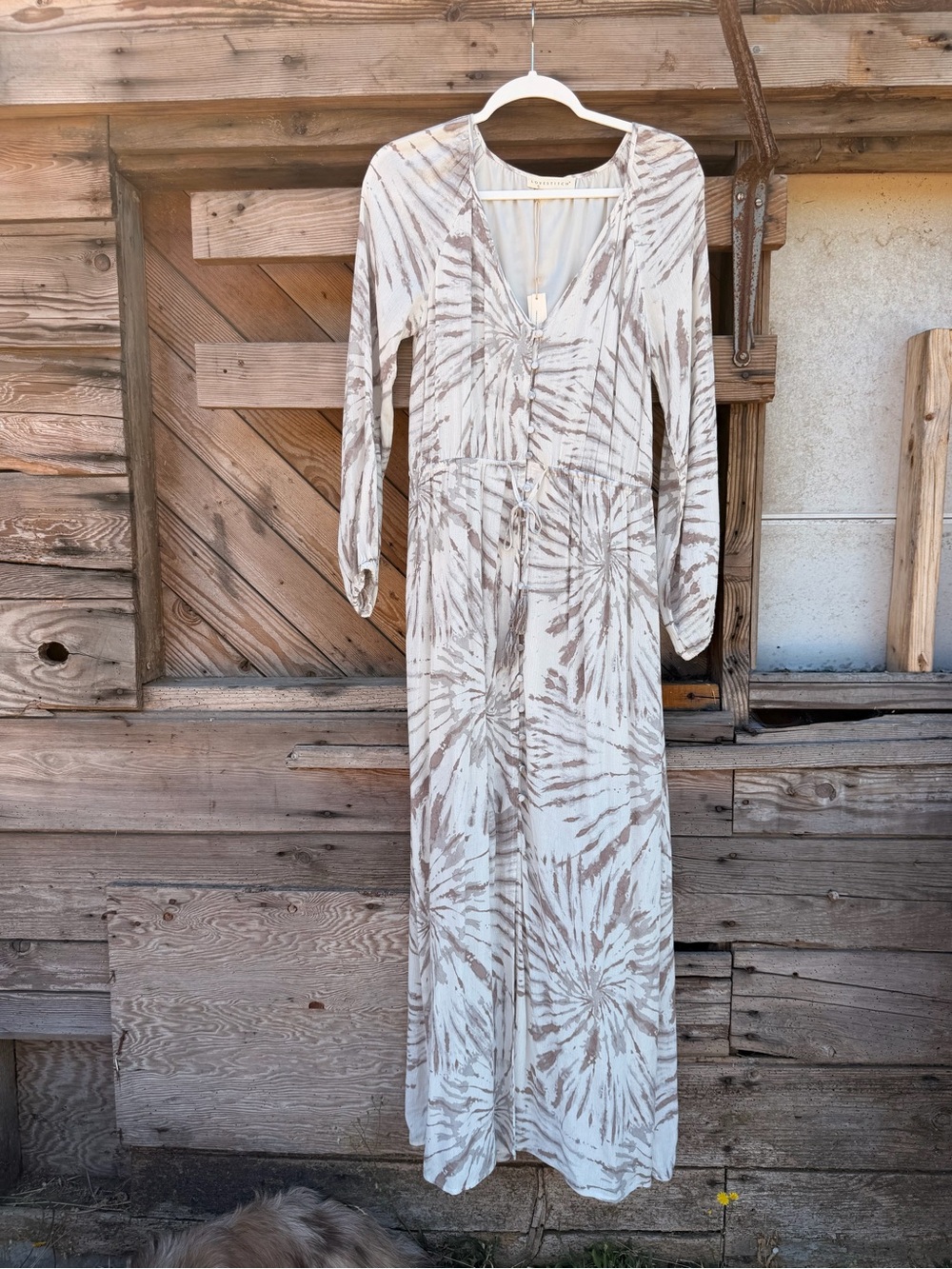 lovestitch Cream & Brown Tie-Dye V-Neck Button Dress